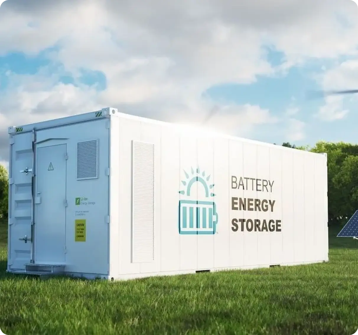 Hvid container med teksten 'Battery Energy Storage' placeret p&aring; en gr&aelig;smark under en bl&aring; himmel. Containeren fungerer som et batterienergilagringssystem og har solpaneler synlige i baggrunden.