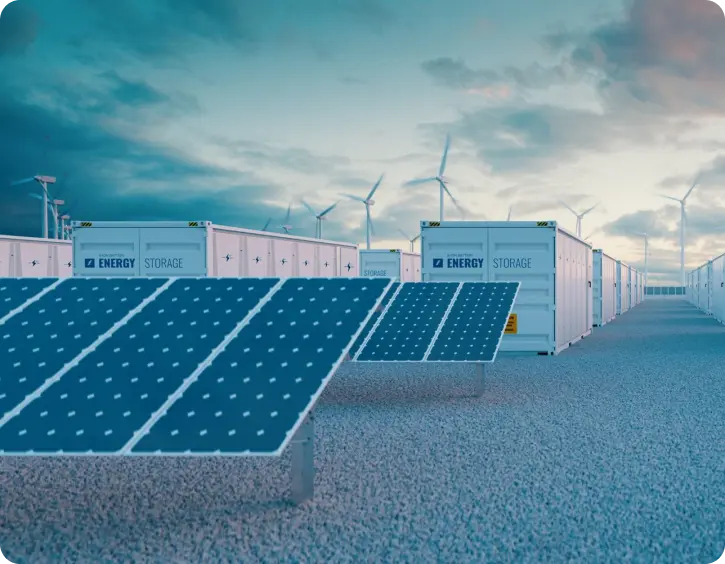 Energilagringsanl&aelig;g med hvide containere m&aelig;rket 'Energy Storage', omgivet af solcellepaneler i forgrunden og vindm&oslash;ller i baggrunden under en dramatisk himmel. Billedet illustrerer integrationen af sol-, vind- og batterilagringsteknologier.