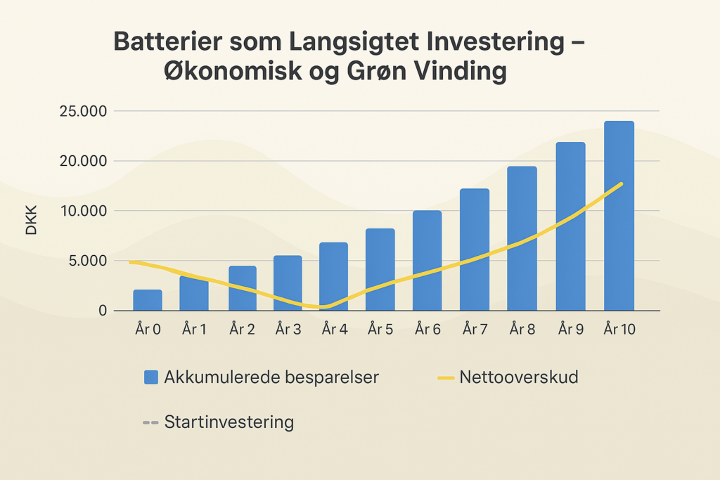 S&oslash;jle- og linjediagram med titlen 'Batterier som Langsigtet Investering &ndash; &Oslash;konomisk og Gr&oslash;n Vinding'. Diagrammet viser akkumulerede besparelser og nettooverskud over 10 &aring;r. Bl&aring; s&oslash;jler repr&aelig;senterer akkumulerede besparelser, mens en gul kurve viser nettooverskud. Investeringen bliver positiv efter cirka &aring;r 4 og stiger st&oslash;t frem til &aring;r 10.